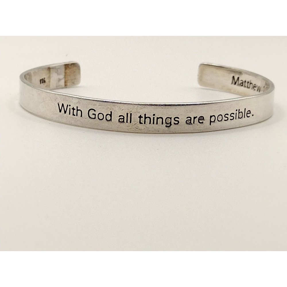 Sterling Silver "With God all things are possible" Matthew 19:26 Quote Cuff Brac